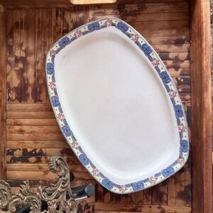Vintage J.H.SCH. Czechoslovakia Porcelain Serving Platter Blue Scroll Pink Rose
